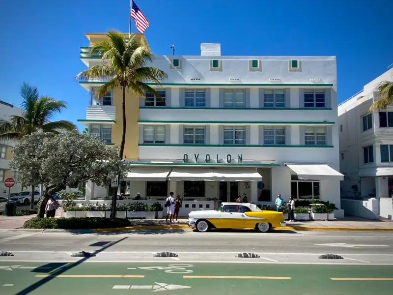 Avalon Hotel on Ocean Drive with a classic convertible in front, South Beach, Miami Beach