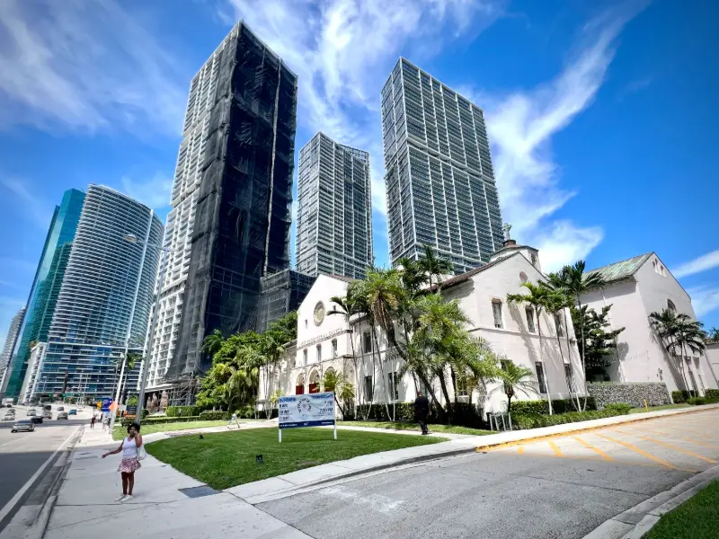 Brickell financial district towers behind First Presbyterian Church on Brickell Avenue, Miami