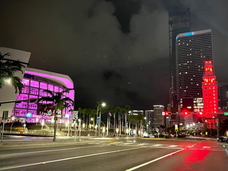 Freedom Tower and Kaseya Center lit at night on Biscayne Boulevard, Downtown Miami