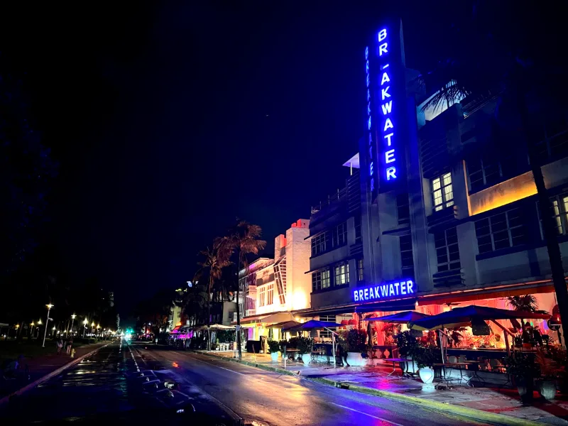 Breakwater Hotel neon sign on Ocean Drive at night, South Beach, Miami Beach