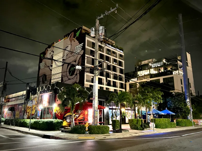 Winged lion and bear mural on a corner building in Wynwood at night, Miami