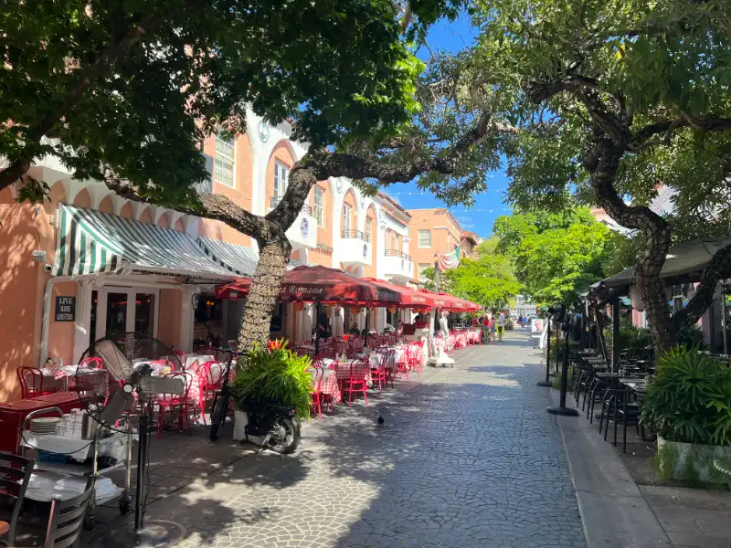 Española Way, a pedestrian lane of Mediterranean-style buildings and cafés, South Beach