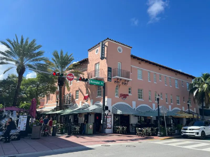 Mediterranean-style hotel with a tile roof at Española Way and Washington Avenue, South Beach