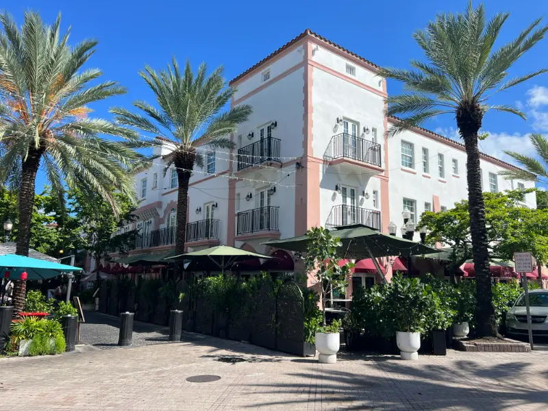 Mediterranean-style building with iron balconies on Española Way, South Beach, Miami Beach