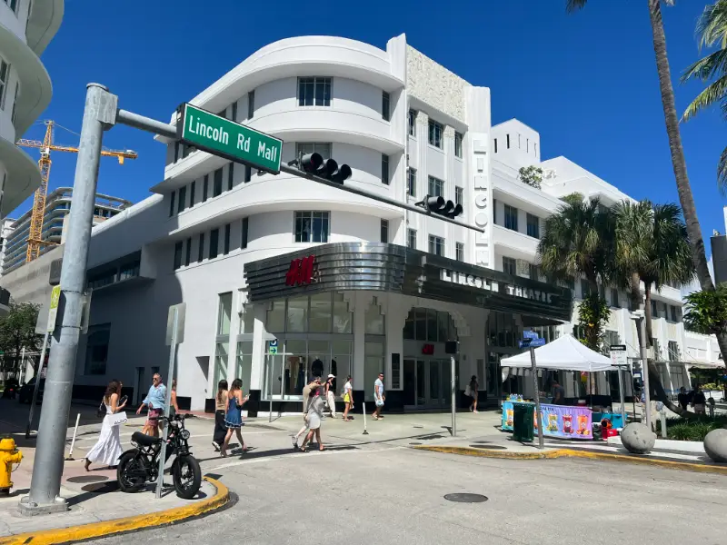 Lincoln Theatre, a curved Art Deco building on Lincoln Road, South Beach, Miami Beach