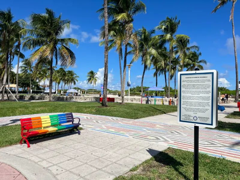 Rainbow bench and crosswalk pavers in Lummus Park on Ocean Drive, Miami Beach