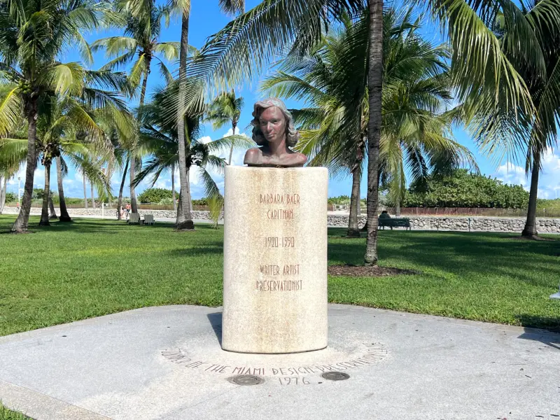 Bust of Barbara Baer Capitman, Art Deco preservation leader, in Lummus Park, Miami Beach